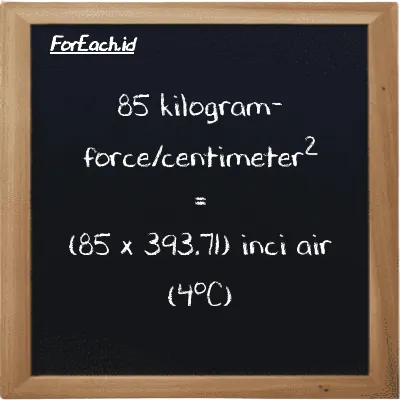 Cara konversi kilogram-force/centimeter<sup>2</sup> ke inci air (4<sup>o</sup>C) (kgf/cm<sup>2</sup> ke inH2O): 85 kilogram-force/centimeter<sup>2</sup> (kgf/cm<sup>2</sup>) setara dengan 85 dikalikan dengan 393.71 inci air (4<sup>o</sup>C) (inH2O)